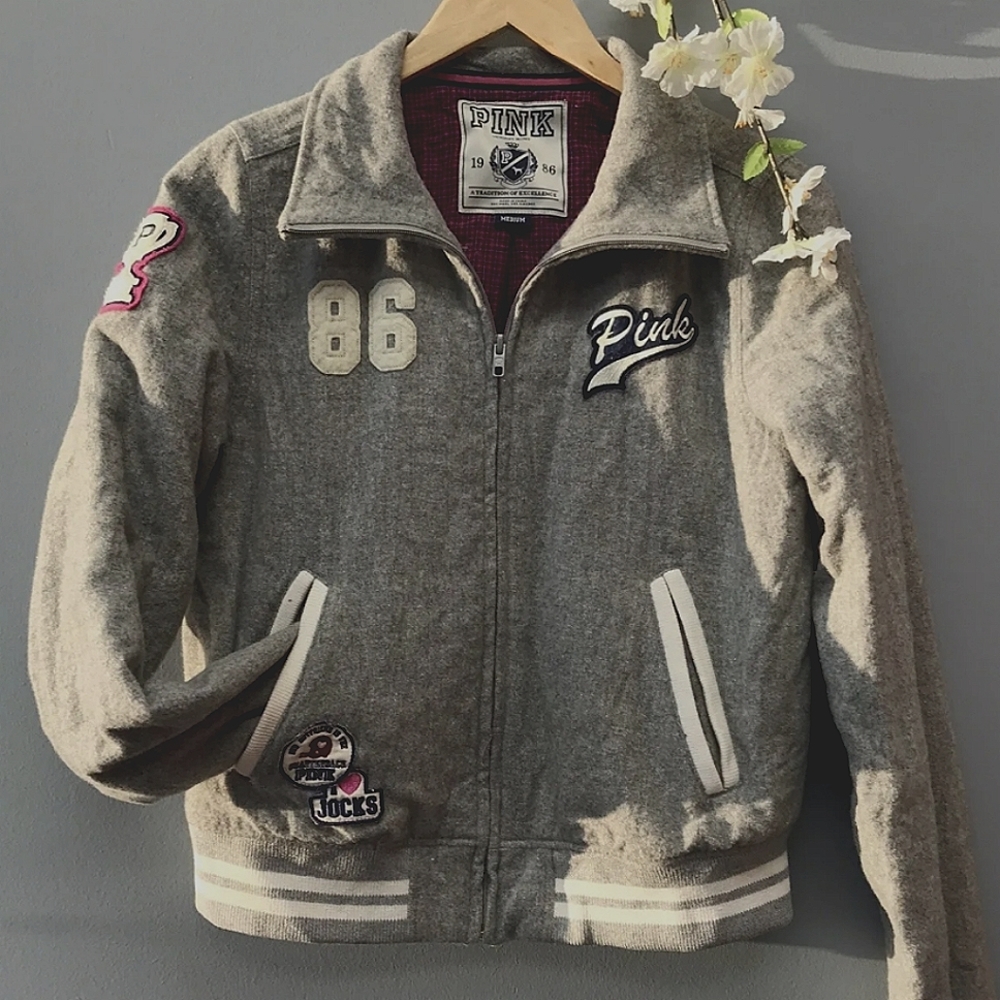 Pink Victoria Secret Gray Varsity 1986 Letterman Jacket Size Medium [w]